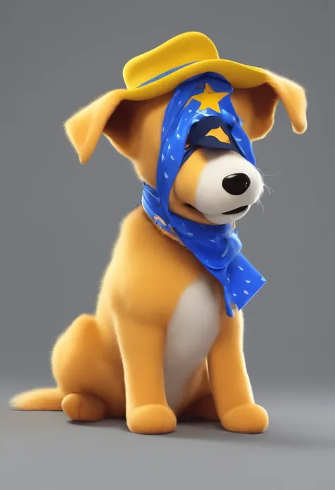 Estilo Pixar: a female dog, dourada, Golden retriever breed, with a stuffed alligator in his mouth and a blue bandana around his neck, com cara feliz. Dia com sol.