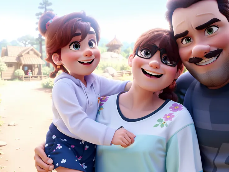 A Disney Pixar-style family in the woods on a sunny day, alta qualidade