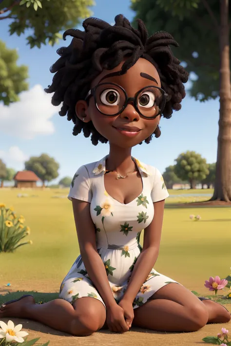 Obra-prima, de melhor qualidade, A black woman in transparent glasses in a flowery dress sitting on the grass of a park