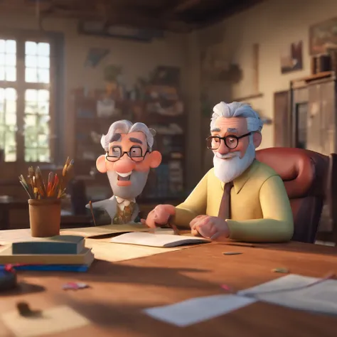 Crie um cartaz inspirado na Disney Pixar com o personagem sendo o pastor Rubens Janier, A gray-haired man wearing glasses, in an office with a Bible on the table