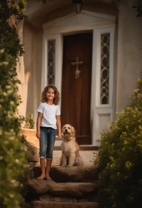 menino: Davi , aproximadamente 6 anos de idade, cabelo curto estilo Disney, olhos castanhos e sorrisos. garota: Isabella, 10 anos, longos cabelos pretos e olhos castanhos. scenecy: Miguel and Giovana are in a cozy little house in the valley, ao fundo um di...