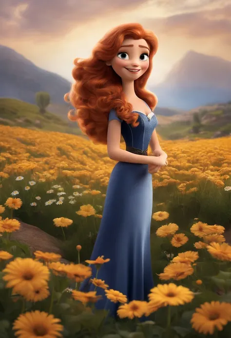 Criar poster 3d Pixar Disney, uma mulher branca cabelo ondulado castanho, olhos castanho claro,  navy blue dress with strap at the neck, com uma fenda do lado esquerdo, with a bouquet of daisy flowers , The Daisy Plantation Scenario