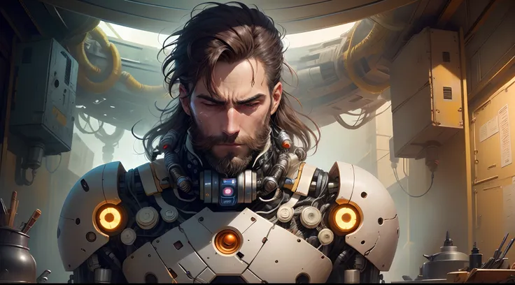 Um homem de barba cheia . Strong and rough appearance Big nose ,olhos castanhos, cabelos curtos, Tinkering with a robot.aparencia bruta ,in a futuristic setting.