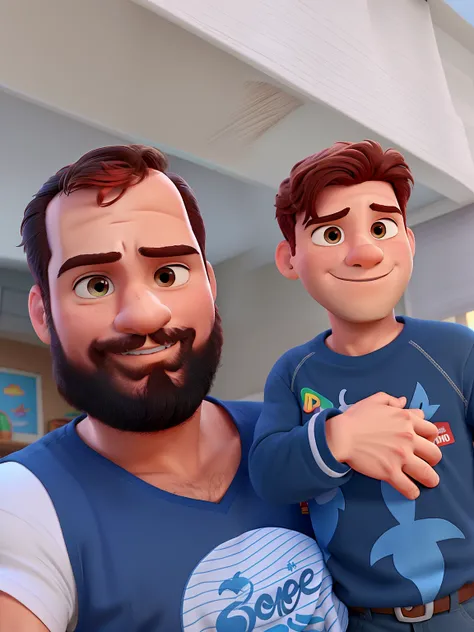 Um homem moreno com seu filho no colo, estilo disney pixar, alta qualidade, melhor qualidade