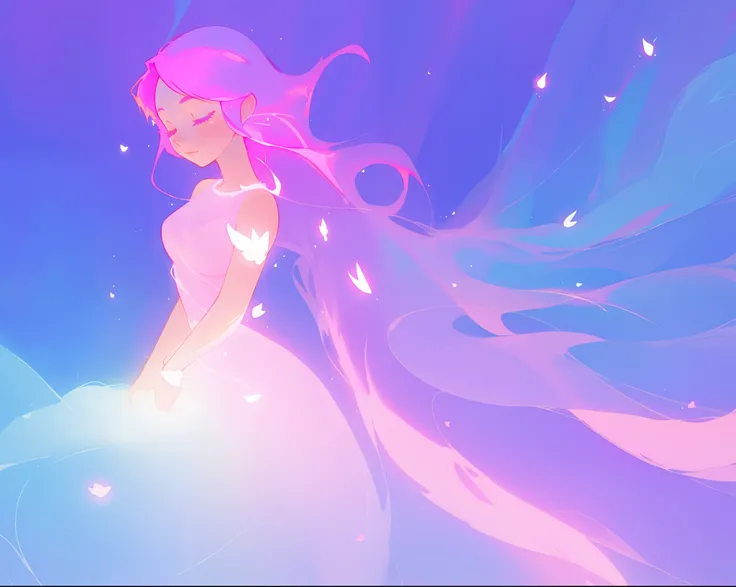 beautiful girl in sparkling multi-layer dress, long sparkling pink hair, fantasia background, watercolor illustration, inspired by Glen Keane, inspired by Lois van Baarle, disney art style, by Lois van Baarle, glowing aura around her, by Glen Keane, jen ba...