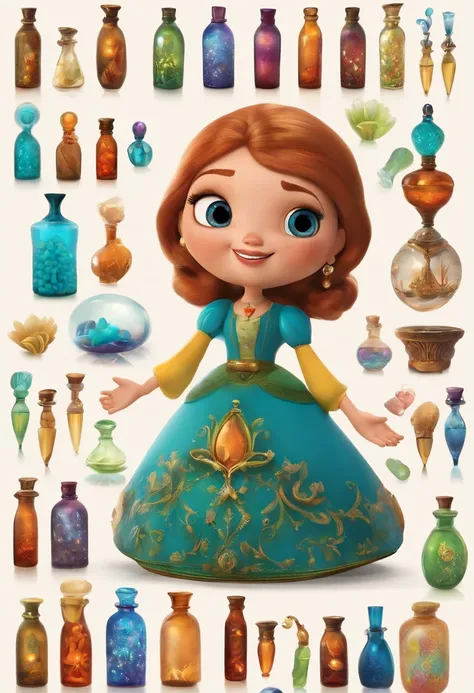 A collector of ideas inspired by Pixar animation, de perto. She is surrounded by a collection of magic vials, each containing a unique idea. The focus is on the character, with a captivating facial expression, Against a backdrop of shimmering, cores eferve...