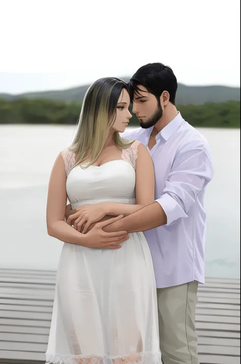 Casal estilo anime, melhor qualidade, HD, mulher branca, cabelo loiro, longo, liso e homem branco, cabelo curto liso e barba