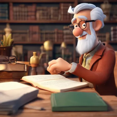 Crie um cartaz inspirado na Disney Pixar com o personagem sendo o pastor Rubens Janier, A gray-haired man wearing glasses, in an office with a Bible on the table