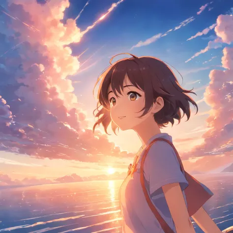 masterpiece, best quality, movie still, 1girl, cloud girl, floating in the sky, close-up, bright, happy, warm soft lighting, sunset, (sparks:0.7)