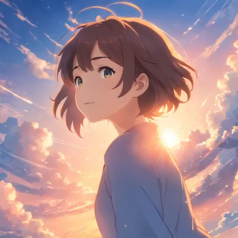 masterpiece, best quality, movie still, 1girl, cloud girl, floating in the sky, close-up, bright, happy, warm soft lighting, sunset, (sparks:0.7)