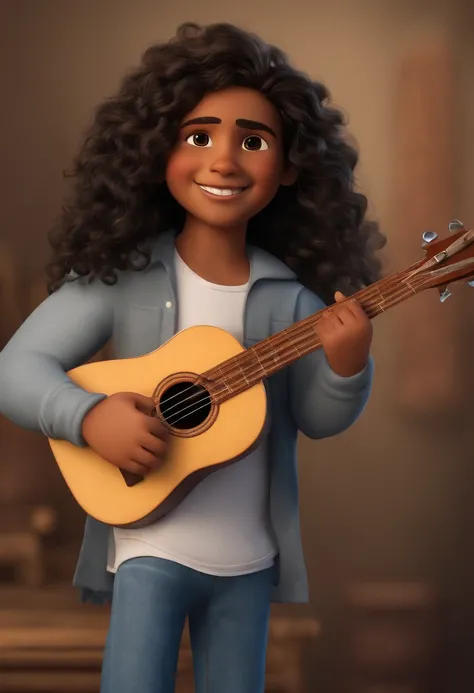 crie um banner no estilo Pixar. A boy with Indian features, moreno pardo com cabelos curtos, Castanhos escuros, Curly and slightly grayish appearance, mas jovem, usando uma camiseta, Wearing jeans and holding a classical guitar with 7 strings.