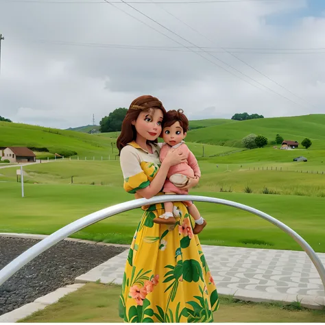 A woman who is a young mother,Brown hair holding your baby, usando uma coroa de joias e brincos de joias, background is spring landscape, Humor is thriving, rico, Nutrir, Nutrir, luz diurna, design de personagens.