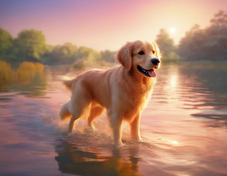 no estilo disney pixar, criar em cachorro Golden Retriever, female, muito feliz, utilizando um colete salva vidas na cor rosa. Nadando em um lago ao lado de uma lancha, em um dia de sol.