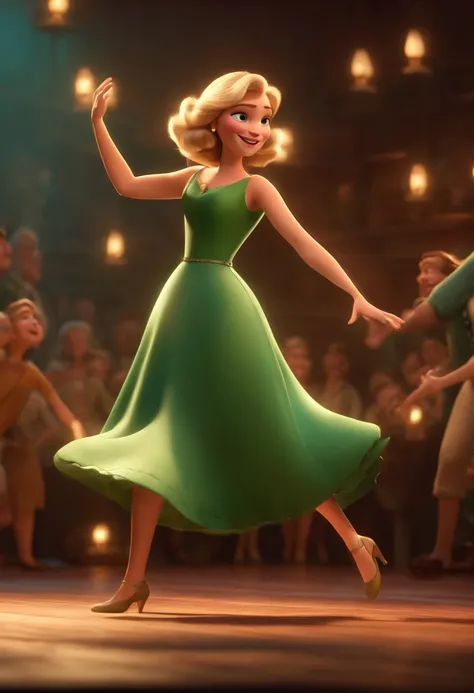 Pixar style image with 3D character white woman flat hair green dress dancing, Maquiagem Disney,Pescador, bonitinho, sorridente ,Close-up, Pixar, Disney, Cinema lighting,