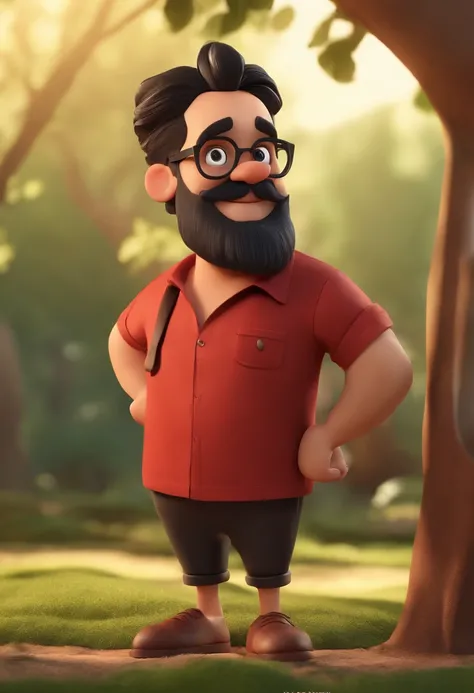 Cartoon character of a man with square black glasses and a black and red shirt. cabelo liso, grisalho,Com barba grisalha,and forest tattoo on arm, animation character, Caractere estilizado, animation style rendering, 3D estilizado, Arnold Maya render, 3 d ...