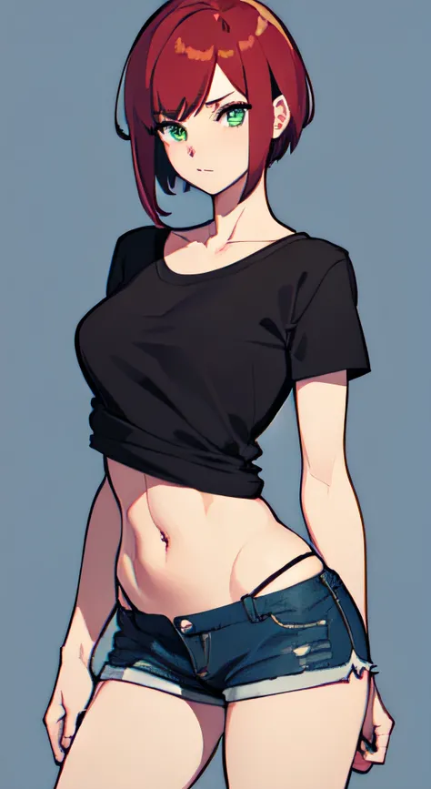 a 1girl, Green eyes, Skinny, short, Black T-shirt, blue shorts, redhead hair, Short Hair Hair, Beautiful figure, beatiful face, 18 years, Correct anatomy, pretty eyes, in full height, Anime style.