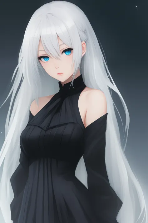 Anime girl, white hair, blue eyes, using black dress