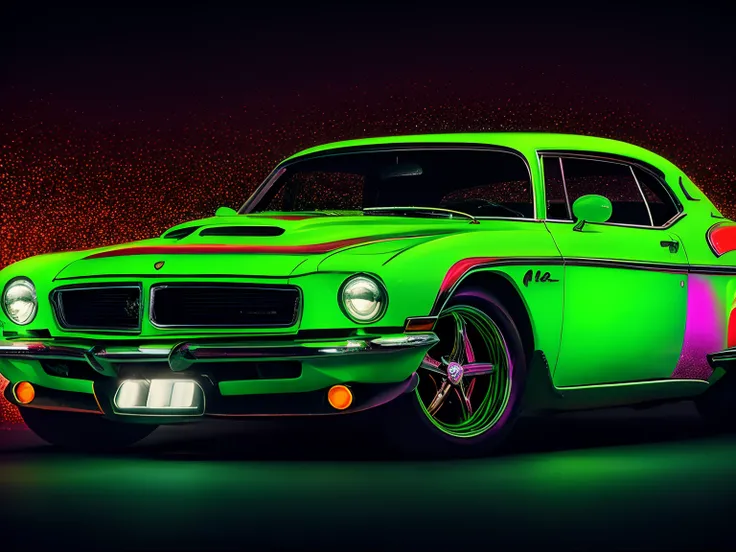 A classic car in a chiaroscuro setting with neon green accents, featuring red glitter elements, and an added layer of reflection, style raw