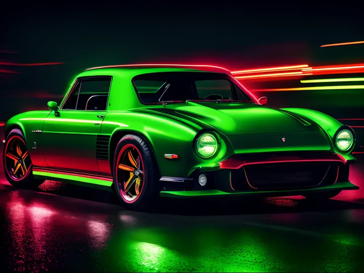 A classic car in a chiaroscuro setting with neon green accents, featuring red glitter elements, and an added layer of reflection, style raw [Low angle], action scene, dynamic action, film grain, motion blur, Epic realism, raw photo, highly-detailed, 8k