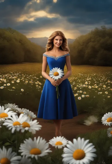 Criar poster 3d Pixar Disney, uma mulher magra branca, cabelo ondulado castanho, olhos castanho claro que sorriem com os olhos, with a dark blue dress with a strap attached at the neck and an opening at the left leg, With a bouquet of daisy flowers in her ...