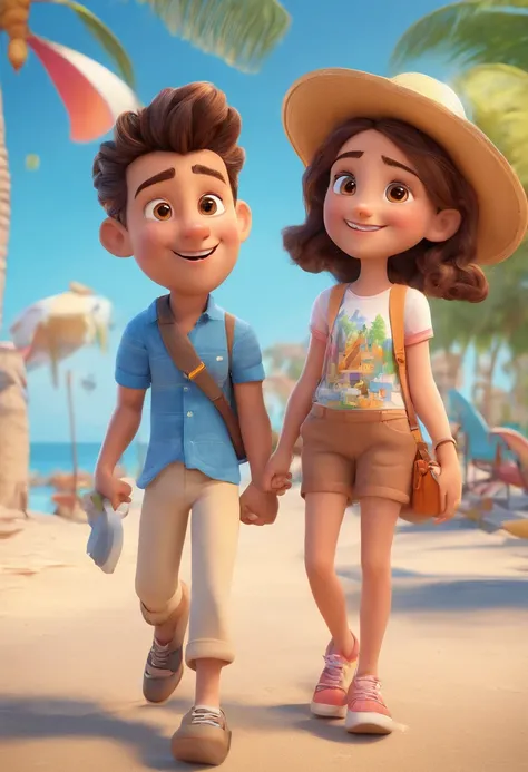 Cartoon of friends having fun on vacation together,  3D Animation Movie Poster, Poster de filme animado, pixar 3 d animation style, pixar renderman rendering, maia 8 mil, animated film, Disney Pixar Estilo 3D, amigos felizes saem juntos, all wearing light ...