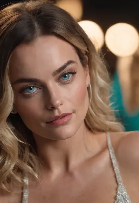 Margot Robbie (Beautiful and bold, seductive and attractive, Cyan eyes,round breasts, Long curly dark brown hair, sweaty body, open shirt, Short shorts, I, boot, sexy legs). (in nightclub, Drinks, Lighter), (Best Quality, tmasterpiece, Depth of field, Full...