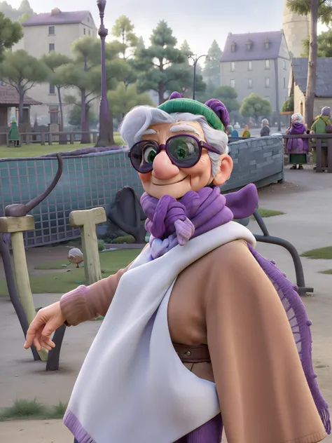 masterpiece, best quality, an old woman with glasses and a scarf on, wearing a purple coat and green scarf, standing at the park