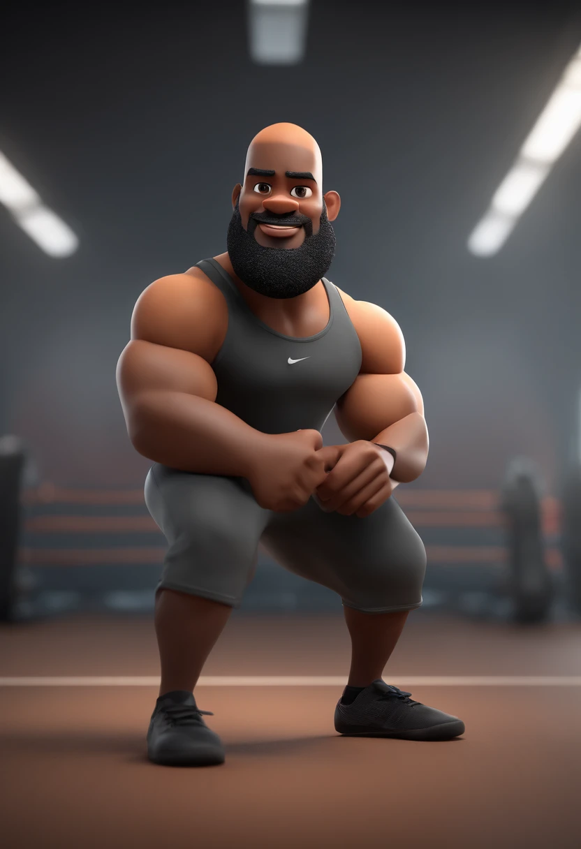 Cartoon character of a black man in the gym with a shaved head and a big gray closed beard, Camisa Preta, animation character, Caractere estilizado, animation style rendering, 3D estilizado, Arnold Maya render, 3 d render stylized, toon render keyshot, Per...