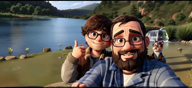 37 year old man with beard and a 6 year old son with glasses, estao pousando pra foto com uma lindo lago de fundo.