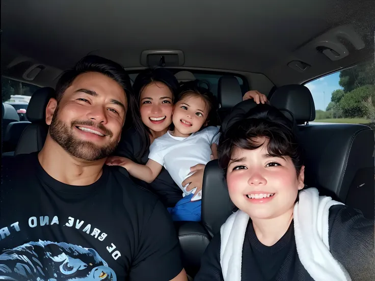 There are three people and a child in the back seat of a car, imagem de perfil, foto do perfil, carpool karaoke, imagem de qualidade muito baixa, Postagem no Reddit, Family photo, foto de perfil, noite!, family portrait, noite!!, tirado no iphone 14 pro, f...