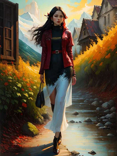 ethereal oil painting red with woman landscape