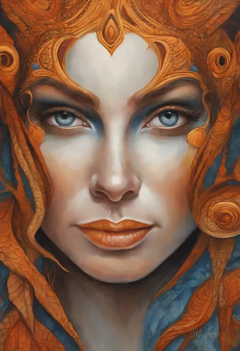 (((master part))), (((best quality: 1.4))), ((Super Detalhe: 1.4)) , hyper detailed gouache painting of a female Tiefling, beautiful exotic features, amber neon eyes:1.5,  orange hair, Hyper detailed facial features, expressivo face, texturas detalhadas, t...