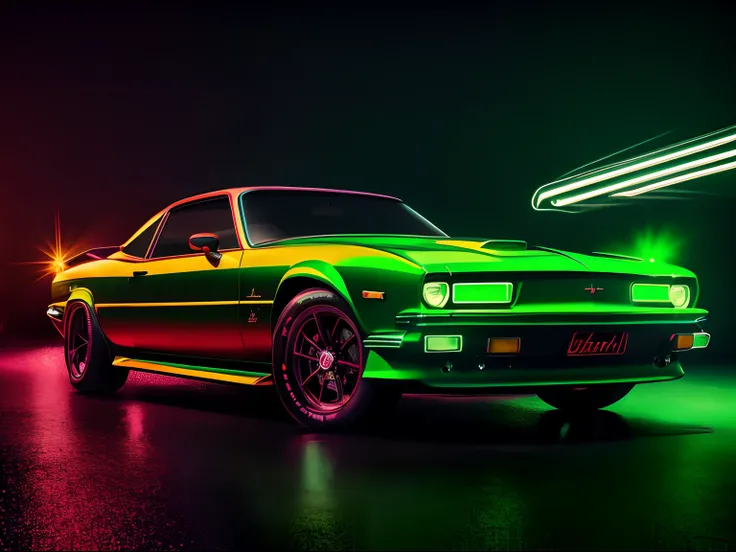 A classic car in a chiaroscuro setting with neon green accents, featuring red glitter elements, and an added layer of reflection, style raw [Low angle], action scene, dynamic action, film grain, motion blur, Epic realism, raw photo, highly-detailed, 8k