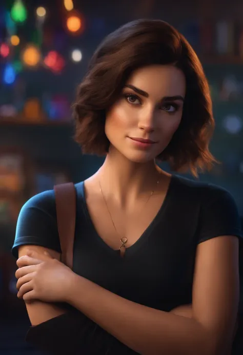 filme Marketing 2023 estilo filmes Pixar, Com nome "N - Marketing", poster, With short, lighter brunette hair and a black t-shirt in front of her crossed arms.