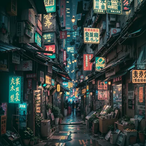 there is a street with a store front and a store front, kowloon cyberpunk, cyberpunk alley, cyberpunk streets in japan, sci-fi cyberpunk city street, cyberpunk street at night, cyberpunk street, cyberpunk streets at night, bladerunner street alley, cyberpu...