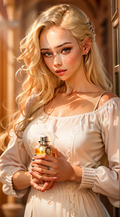 a beautiful beauty with blonde hair, light brown eyes, sunburned skin, realistic, holding a perfume in her hand