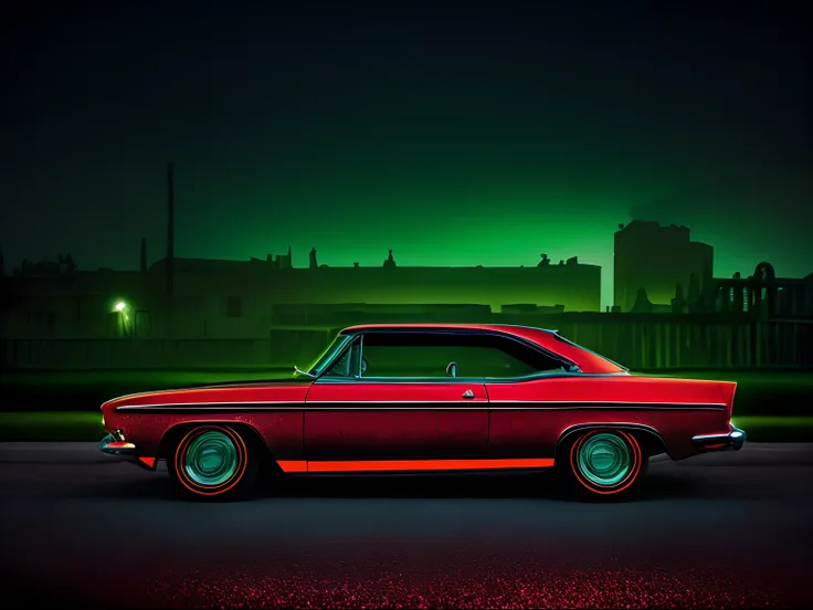 A classic car in a chiaroscuro setting with neon green accents, featuring red glitter elements, and an added layer of reflection, style raw