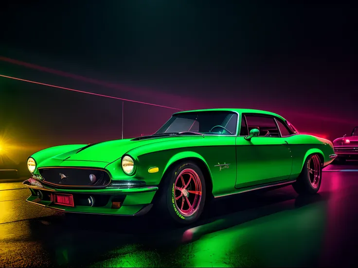 A classic car in a chiaroscuro setting with neon green accents, featuring red glitter elements, and an added layer of reflection, style raw [Low angle], action scene, dynamic action, film grain, motion blur, Epic realism, raw photo, highly-detailed, 8k