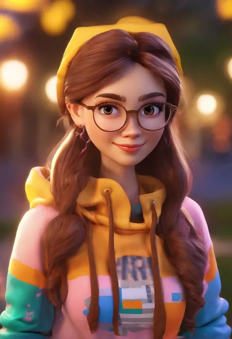 uma jovem com cabelos castanhos curtos que caem suavemente sobre seus ombros. Shes wearing a hoodie and wears glasses. Her face radiates a shy, adorable smile, com os olhos castanhos expressando calor e simpatia. Her expression appears to be friendly and w...