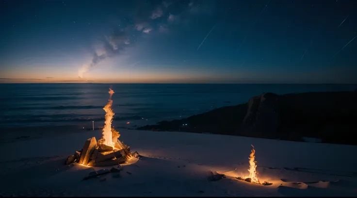 Strand bei Nacht, Feuer Steine fliegen vom Himmel , Epic,,8k,