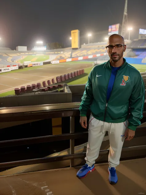 Arafed man standing on a track at night with a stadium in the background, na pista de corrida, em uma pista de corrida, No Circuito de Spa Francorchamps, wearing a track suit, em uma pista de corrida de rua, vestindo terno de atletismo, wearing a tracksuit...