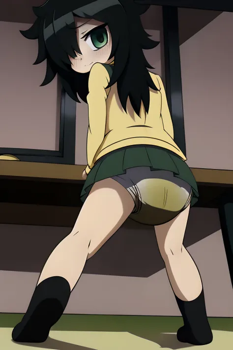 (masterpiece, detailed), kuroki-tomoko, green eyes, hair over one eye, bags under eyes, yellow school uniform, black skirt, full body, diaper, thick diaper, hypermessing, bottom angle