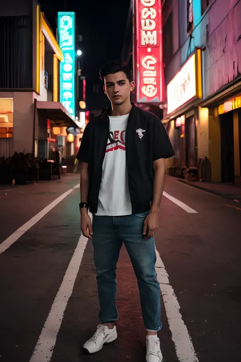 Homem tipo cantor brasileiro luan santana, 27 years old with short military-cut black hair standing in the middle of a street, hero pose, ao lado de um carro, Nissan 350Z mid tiro retrato, promo ainda, promocional ainda, zac retz, Tiro na Canon EOS R5, Tir...