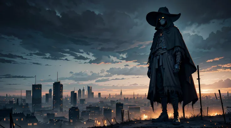 dark landscape, dreary landscape, dark scarecrow, creepy scarecrow, high scarecrow, scarecrow standing on roof, portrait, gloomy monster, long arms, stick hands, (covered in ash), rag cloak, straw hat, dark lighting, top view of a huge city, futuristic cit...