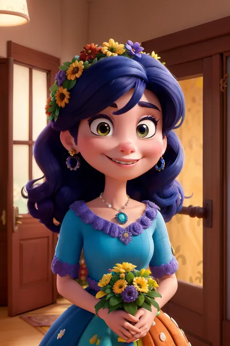 inspirado no universo Disney-Pixar, com cores vibrantes, texturas detalhadas, mulher de 27 anos com cabelo chanel e preto, olhos castanhos e expressivos, with wreath on her head and bouquet of flowers in her hand.