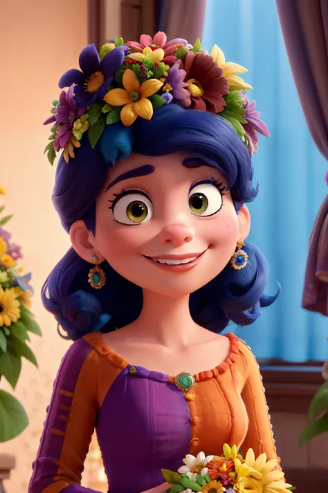 inspirado no universo Disney-Pixar, com cores vibrantes, texturas detalhadas, mulher de 27 anos com cabelo chanel e preto, olhos castanhos e expressivos, with wreath on her head and bouquet of flowers in her hand.