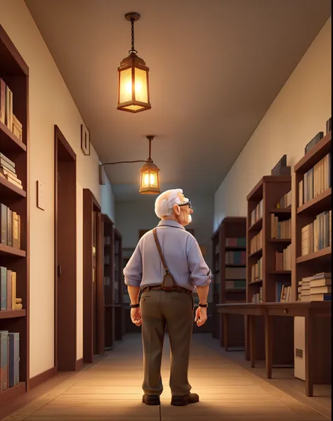 A wise old man standing in front, illuminated by the light of a lamp holding a padlock, contra o pano de fundo de uma biblioteca