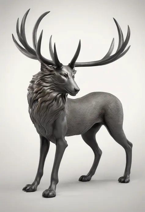 Design an animal based off the description, and no nudity or humans. It is a mix between a wolf head, a snake tail, peacock feathers, and a deer body. Head: The wolfs head, symbolizing guardianship and loyalty. Its eyes gleam with intelligence, and its sha...