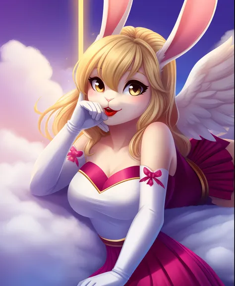 Female blonde anthro rabbit as an angel, halo, white soft wings, red lipstick, pink heart dress and skirt, white and gold long gloves, laying down in the clouds, bun hair, rabbit ears