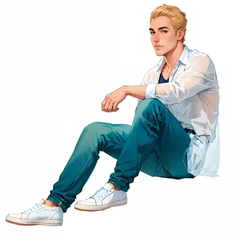 Theres a man sitting on the ground with his feet crossed, No estilo de arte de Bowater, pose de anime bonito, retrato de personagem de corpo inteiro, Retrato de corpo inteiro do personagem, Estilo de Charlie Bowater, archie comic style, cara loiro, homem l...